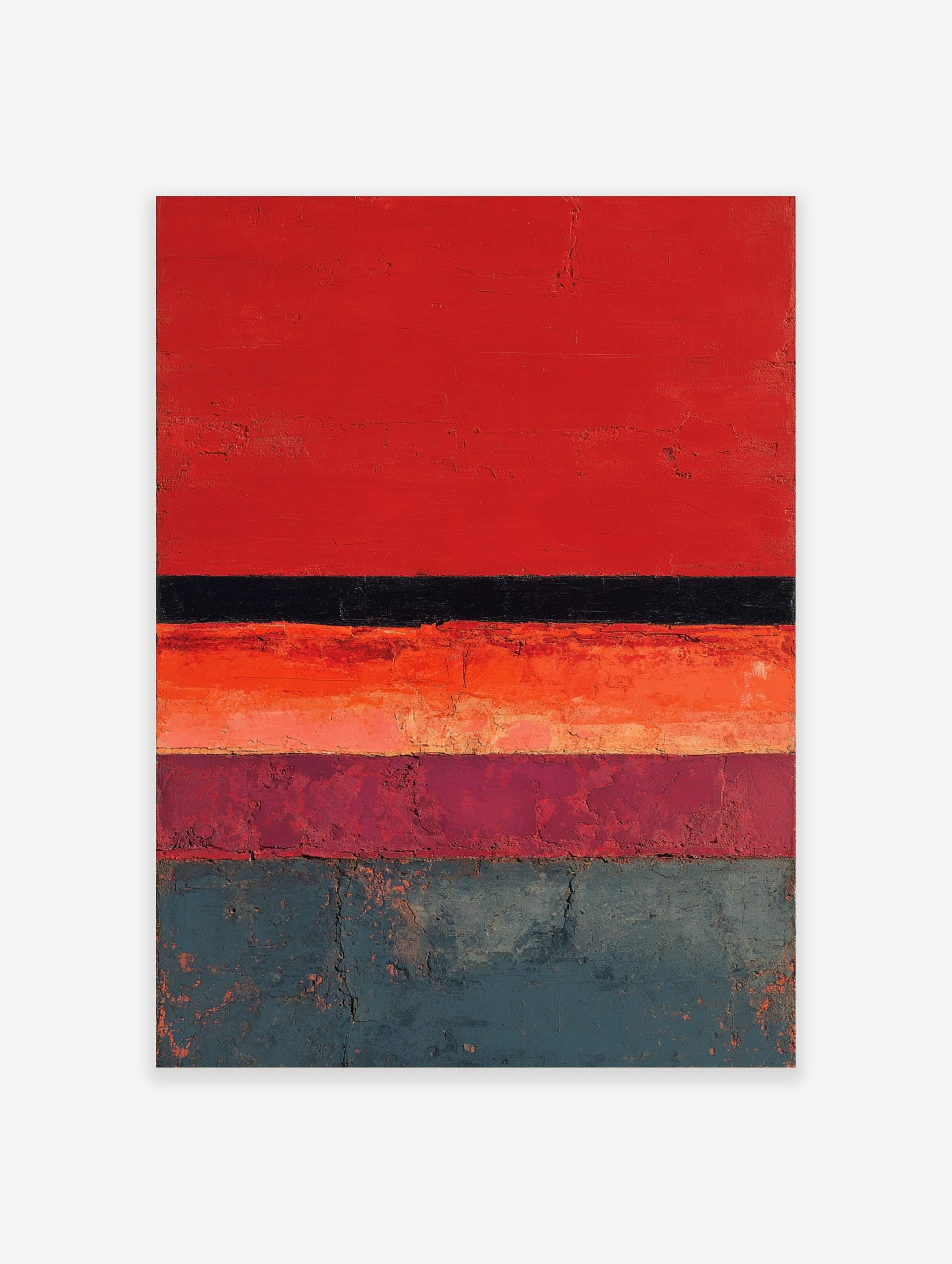 Abstract textured wall art with horizontal stripes in red, black, orange, plum, and teal colours