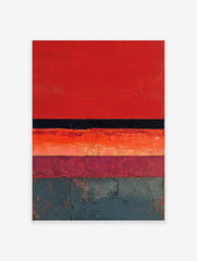 Abstract textured wall art with horizontal stripes in red, black, orange, plum, and teal colours