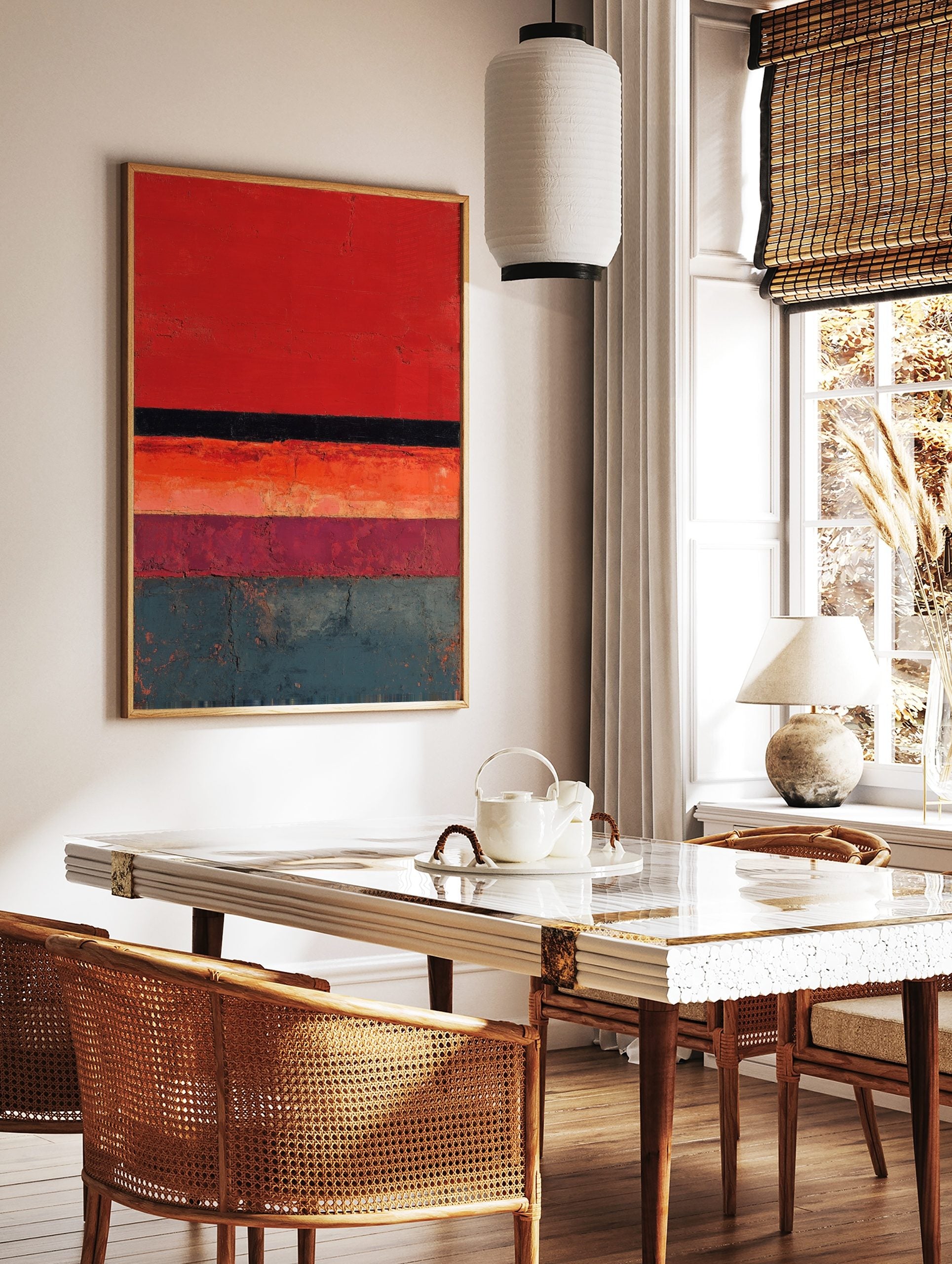 Abstract textured wall art with horizontal stripes in red, black, orange, plum, and teal colours, in a styled room mockup