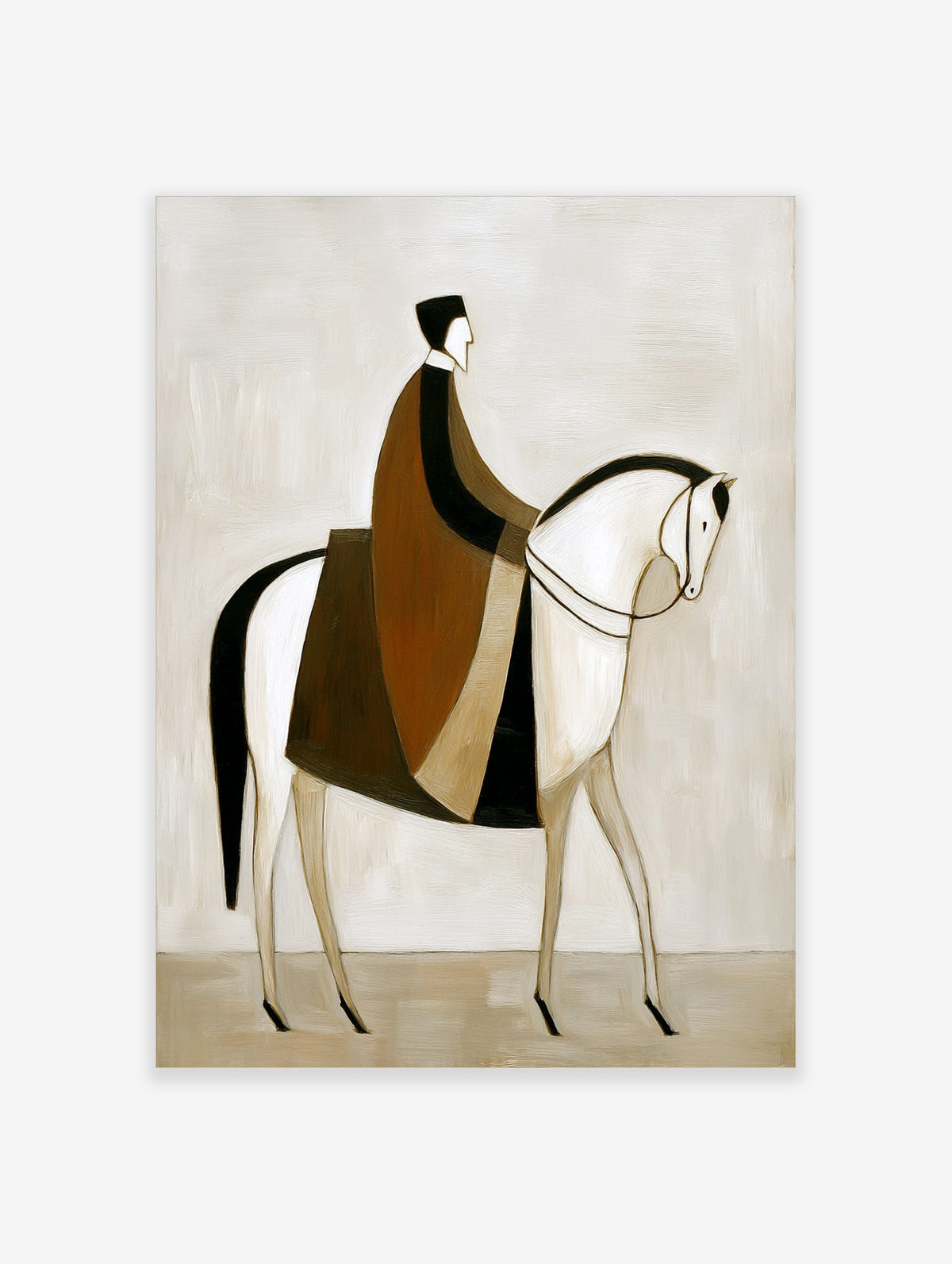 Stylised abstract painting of a rider in brown and black cloak on a white horse, facing right on a light background