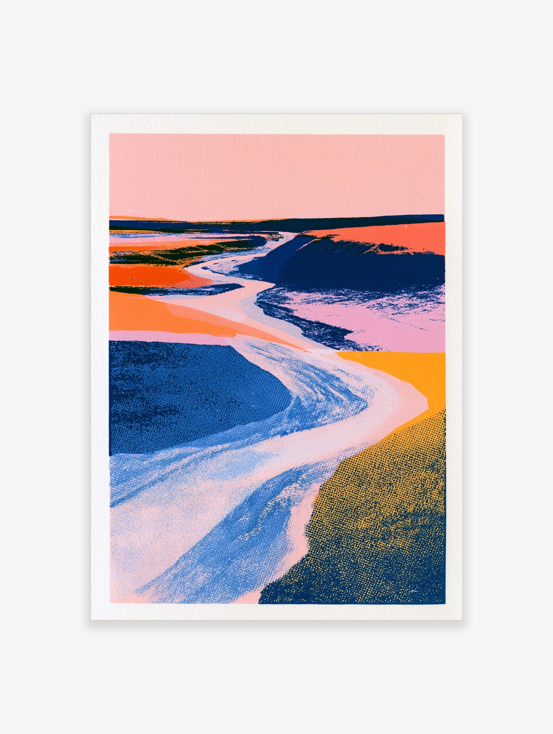 Abstract landscape wall art with a winding river, pink sky, and textured blue and orange fields in a graphic style