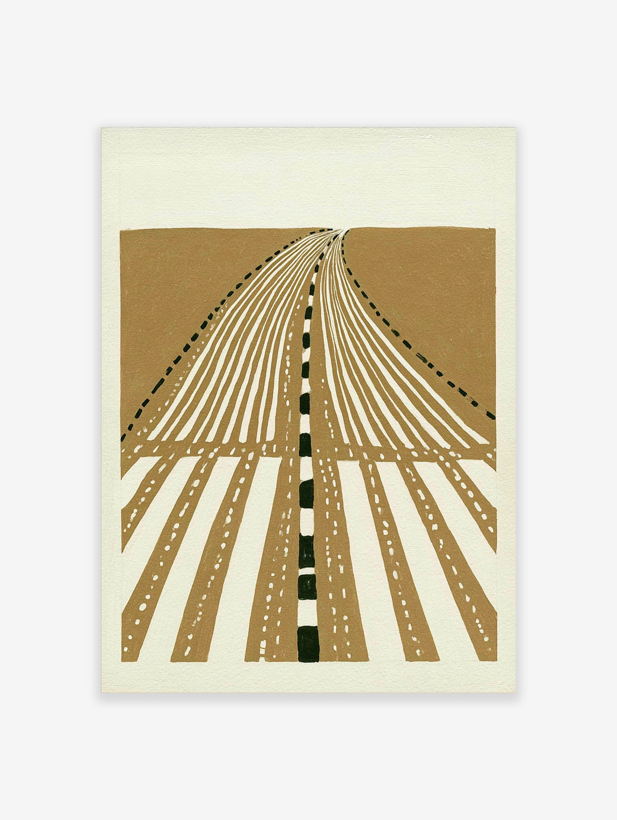 Abstract road poster with white converging lines and black dashed centre stripe on tan background