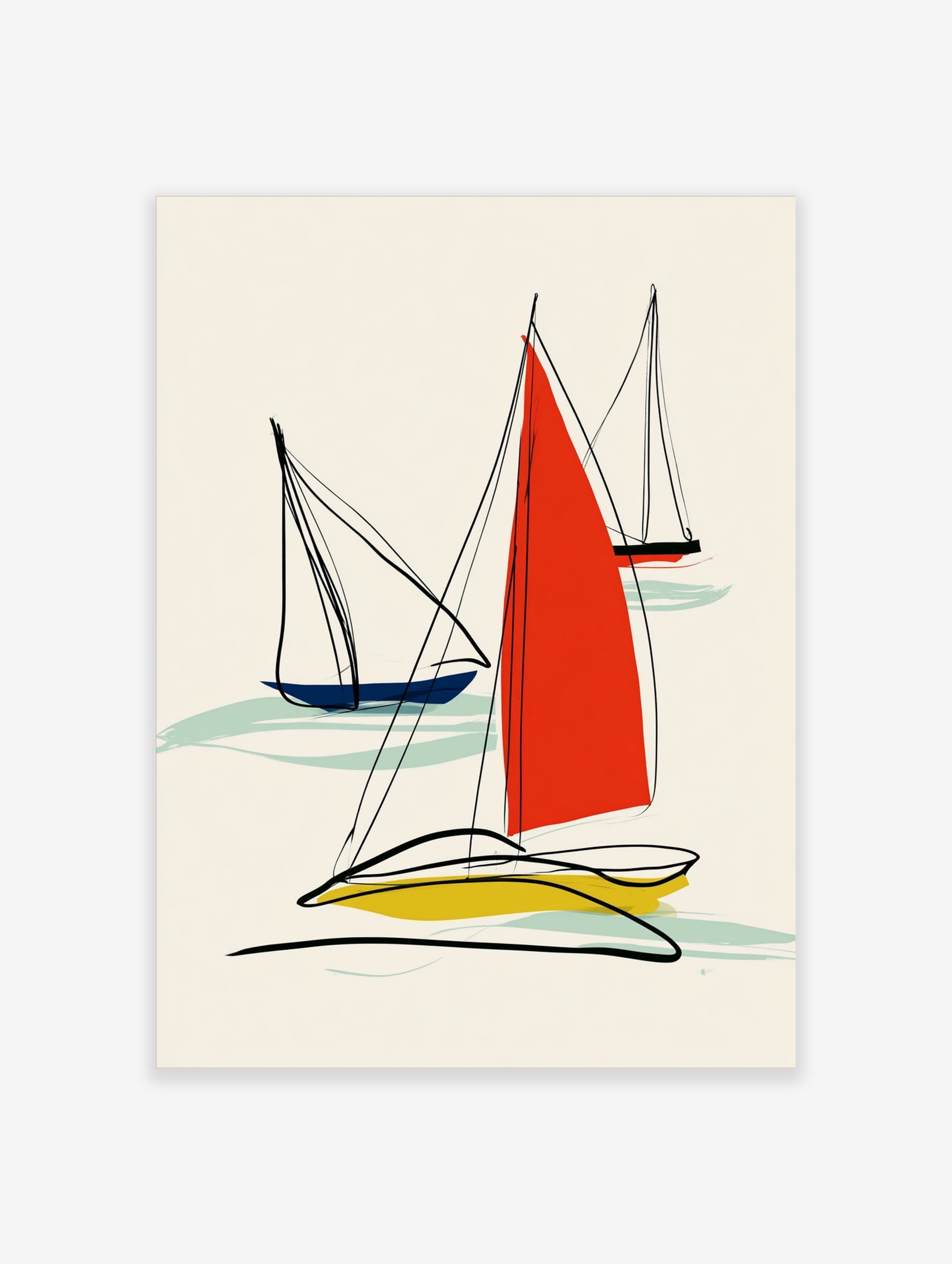 Minimalist abstract sailboat wall art with red, blue, and yellow sails and black line work on a cream background