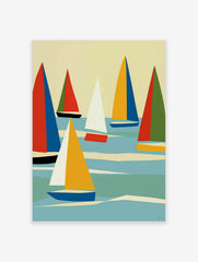 Abstract sailboat wall art with geometric red, blue, and yellow sails on a blue sea against a cream sky