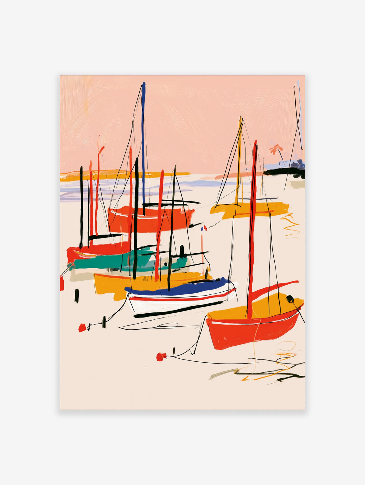 Abstract sailboat art print with red, yellow, and teal boats on a pink background, illustrative nautical wall decor