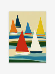 Abstract sailboat wall art with colourful triangular sails and layered wavy background in an illustrative minimalist style