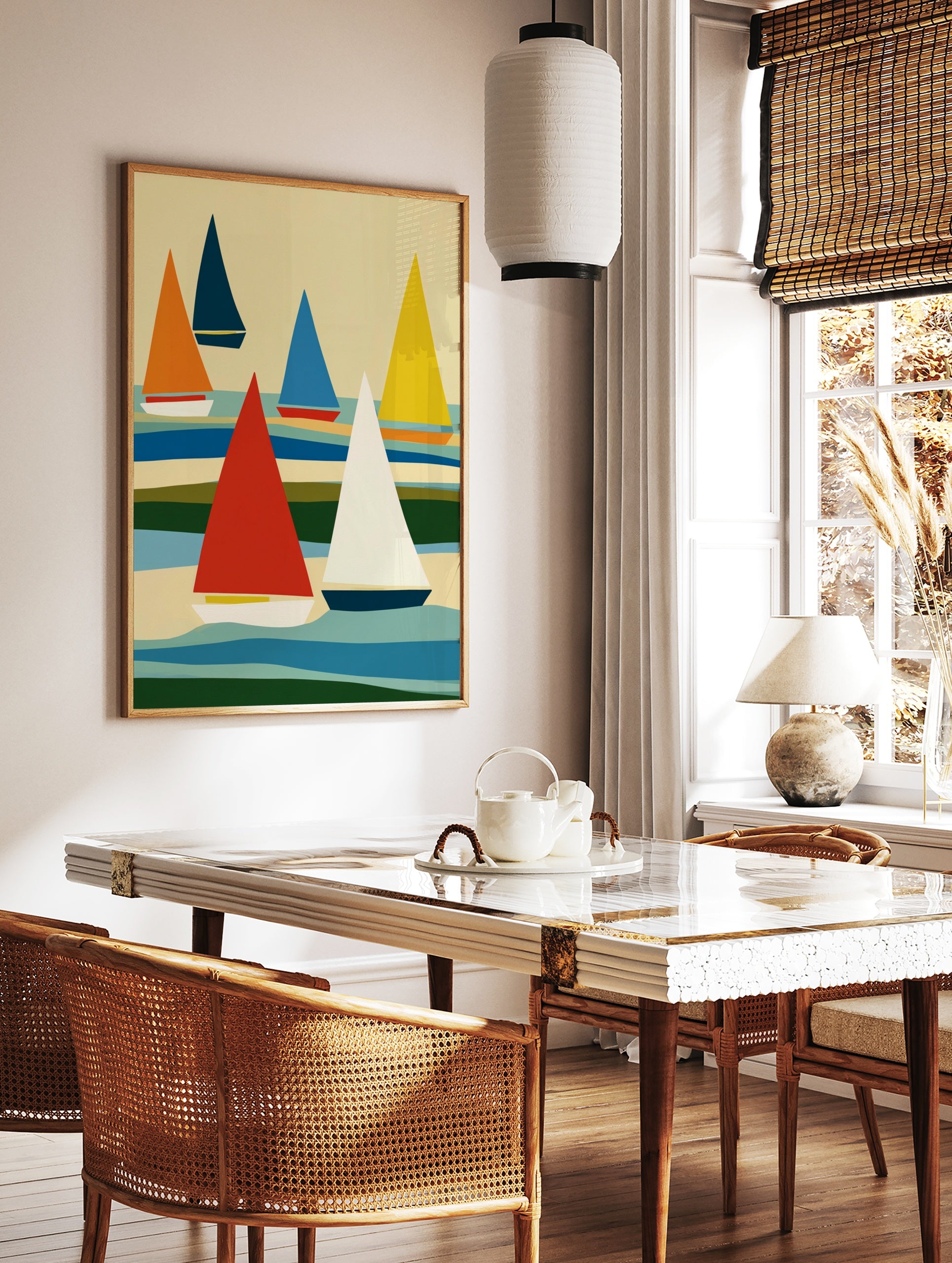 Abstract sailboat wall art with colourful triangular sails and layered wavy background in an, in a styled room mockup