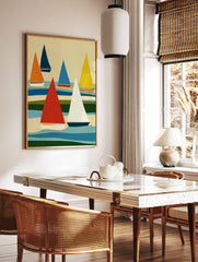 Abstract sailboat wall art with colourful triangular sails and layered wavy background in an, in a styled room mockup