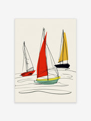 Abstract sailboat illustration with red, yellow, and navy sails and black hand-drawn lines on a beige background