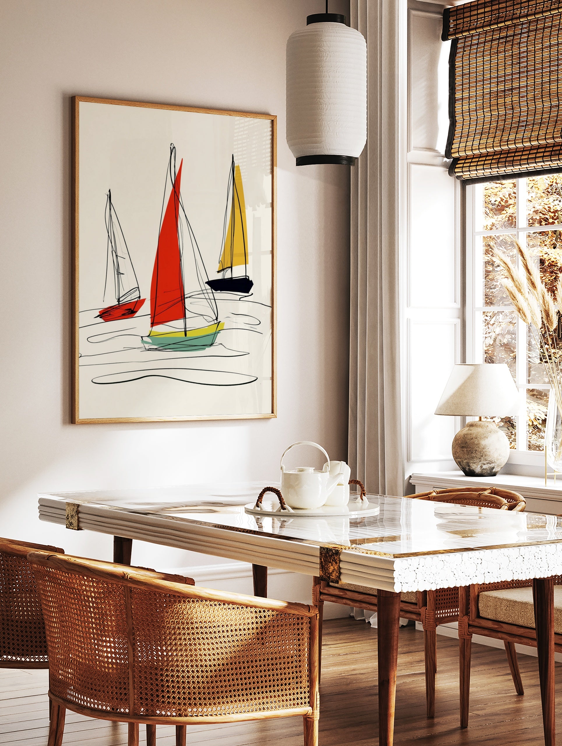 Abstract sailboat illustration with red, yellow, and navy sails and black hand-drawn lines on a, in a styled room mockup