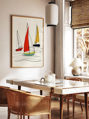 Abstract sailboat illustration with red, yellow, and navy sails and black hand-drawn lines on a, in a styled room mockup