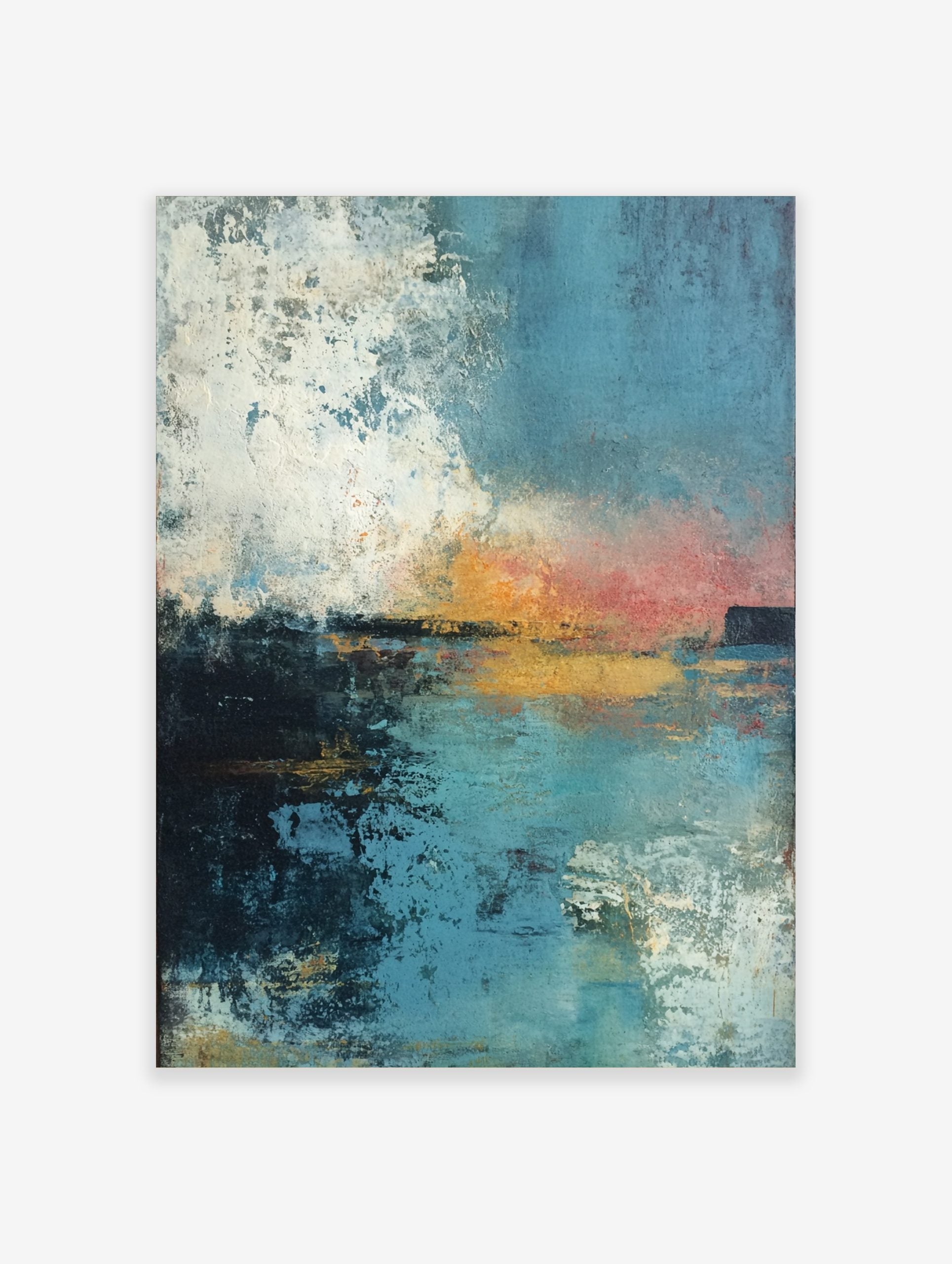 Abstract seascape art print with textured blues, oranges, and white, depicting a sunset over water