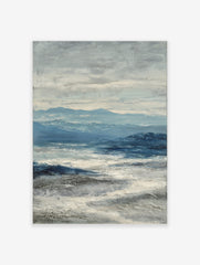 Abstract seascape painting with blue mountains, deep blue ocean, and textured white waves under a grey sky