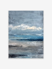 Textured abstract seascape painting with blue ocean, grey sky, and sandy beach in painterly style