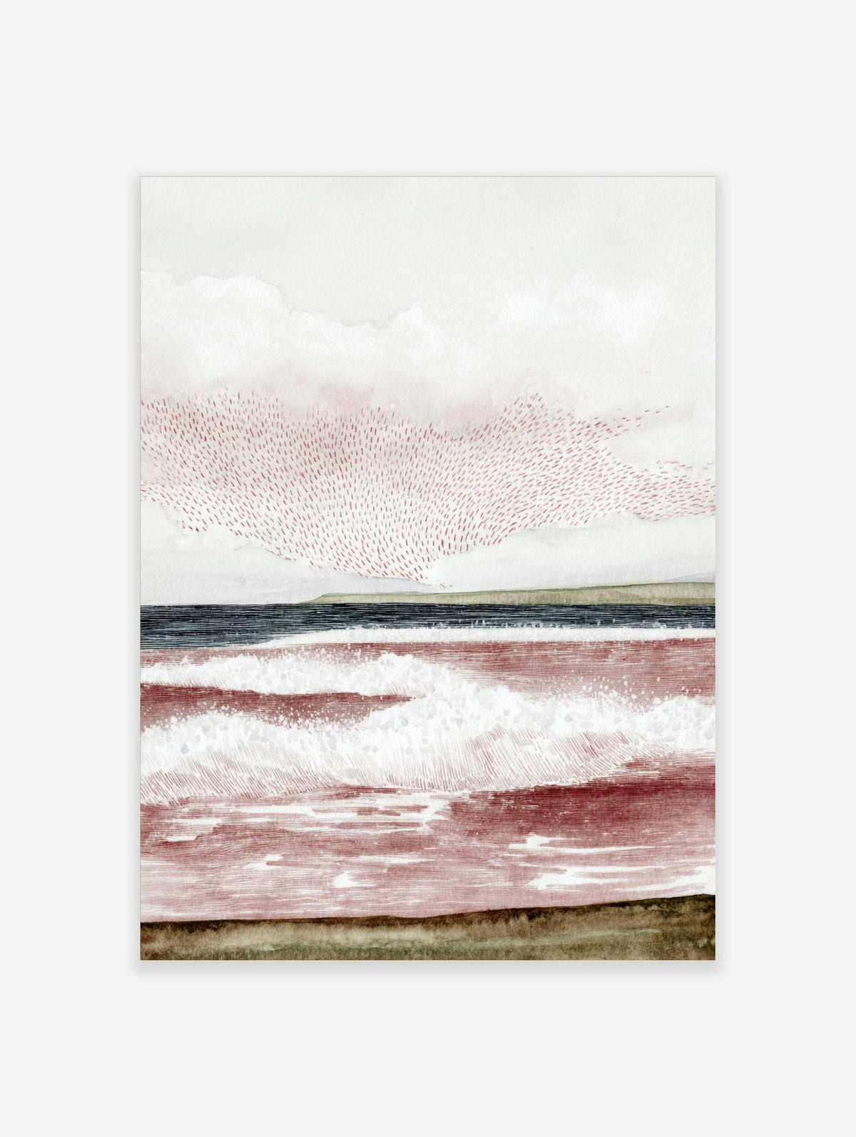 Abstract seascape art print with reddish-brown waves, dark blue ocean, green horizon, and textured sky