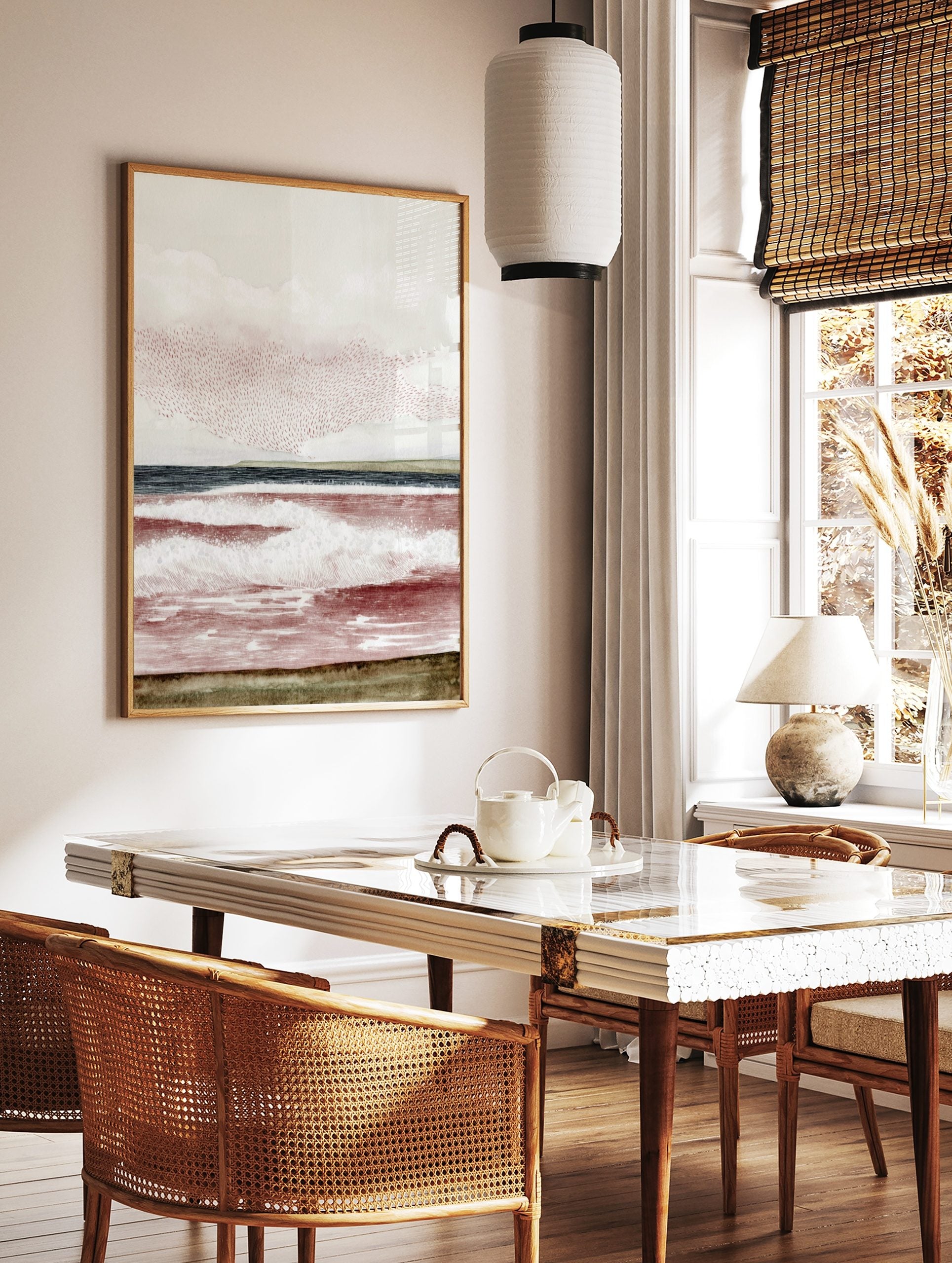 Abstract seascape art print with reddish-brown waves, dark blue ocean, green horizon, and textured, in a styled room mockup