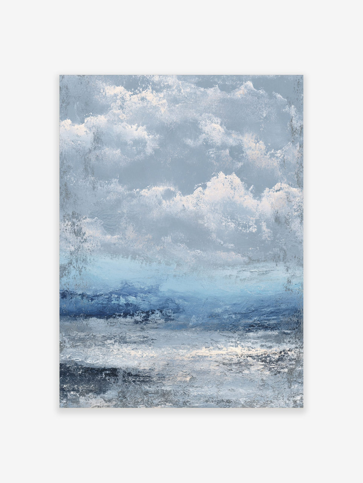 Textured abstract seascape art print with stormy blue and grey clouds over choppy ocean water