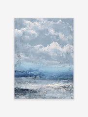 Textured abstract seascape art print with stormy blue and grey clouds over choppy ocean water