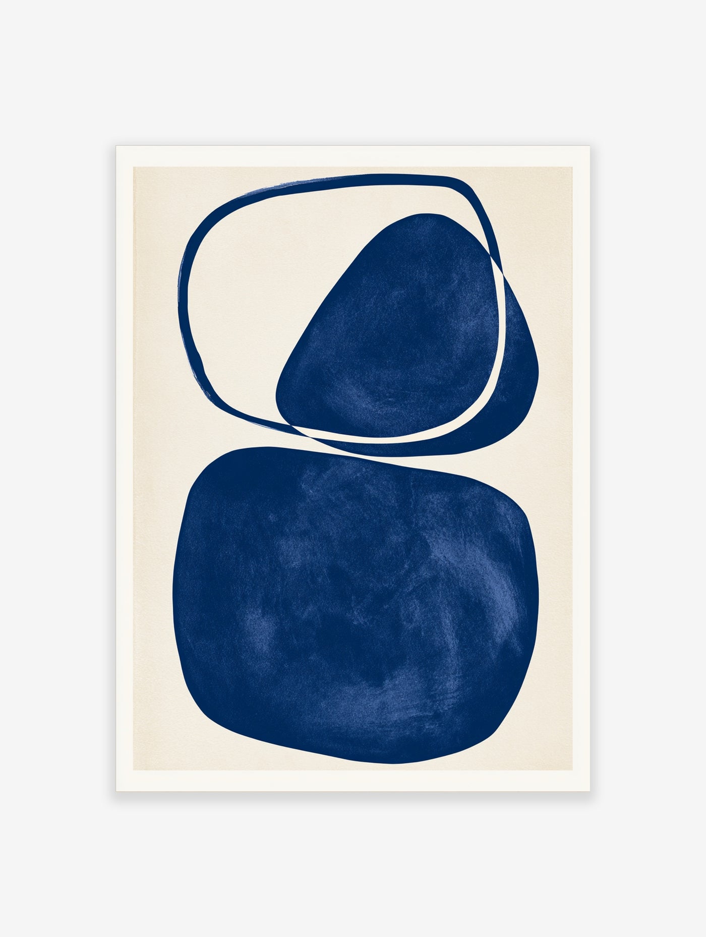 Minimalist abstract art print with two organic blue shapes on a cream background