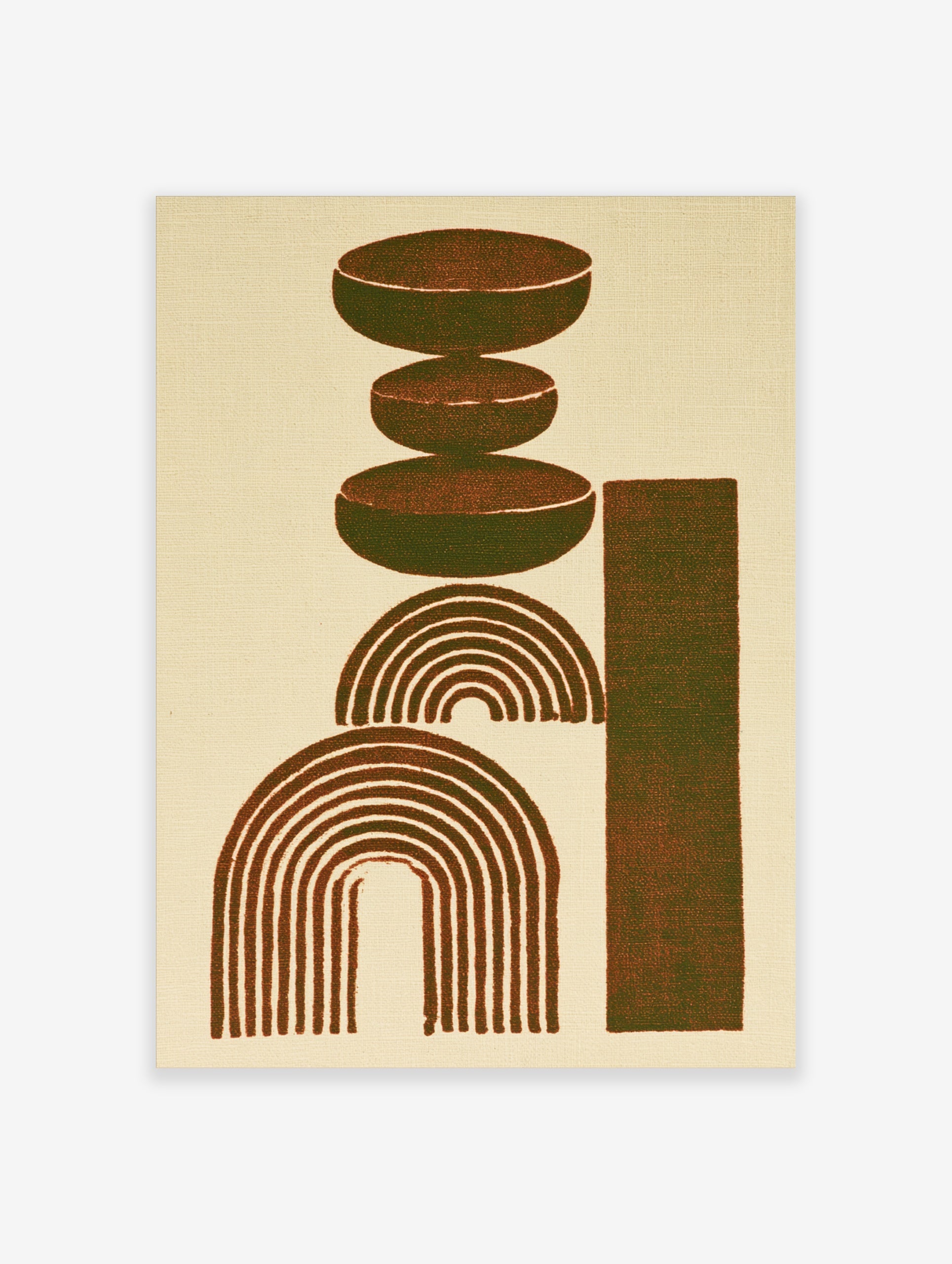 Abstract geometric art print with stacked brown ovals, concentric arches, and a vertical rectangle on cream background