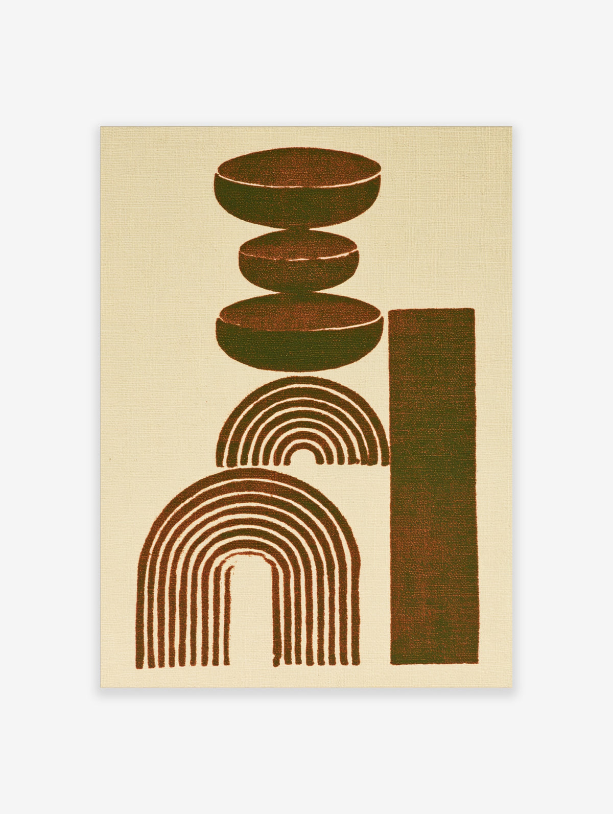Abstract geometric art print with stacked brown ovals, concentric arches, and a vertical rectangle on cream background