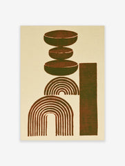 Abstract geometric art print with stacked brown ovals, concentric arches, and a vertical rectangle on cream background