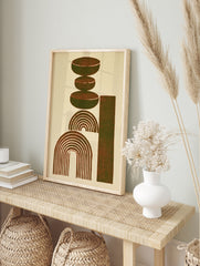 Abstract geometric art print with stacked brown ovals, concentric arches, and a vertical, in an alternate framed mockup