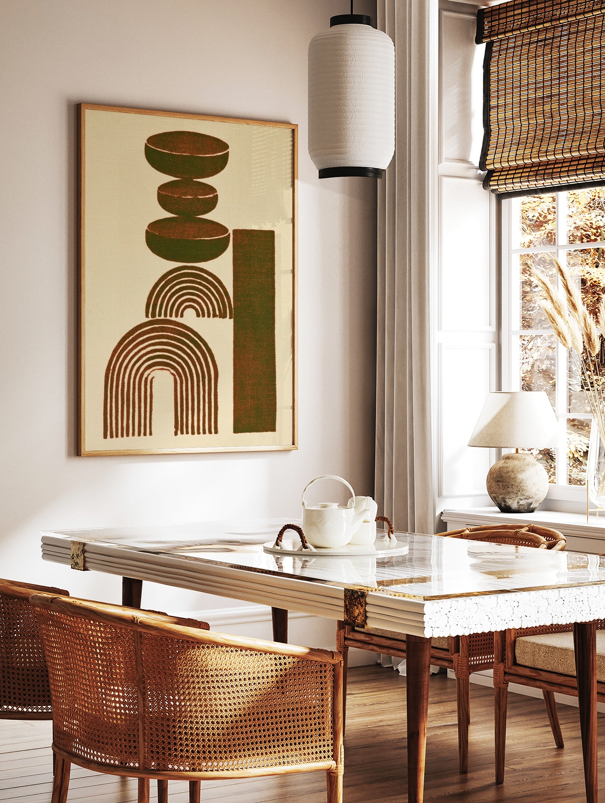Abstract geometric art print with stacked brown ovals, concentric arches, and a vertical rectangle, in a styled room mockup