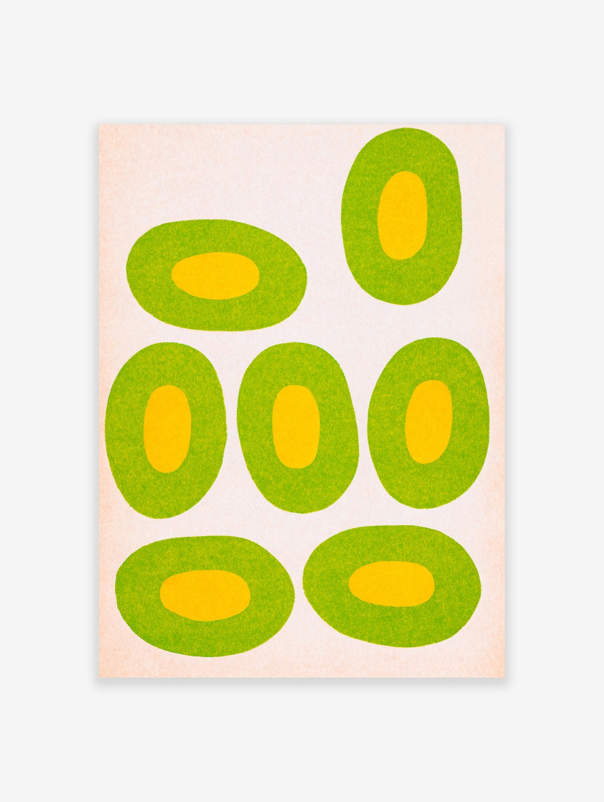 Abstract art print with green and yellow ovals on a light background