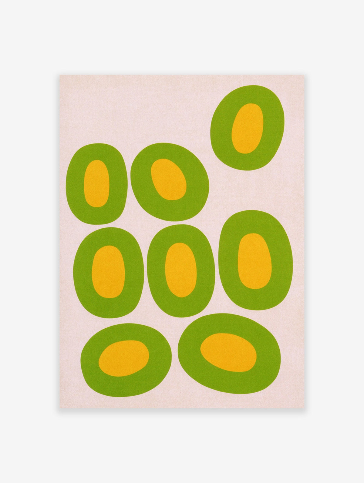 Abstract art print featuring organic green and yellow oval shapes on a light neutral background