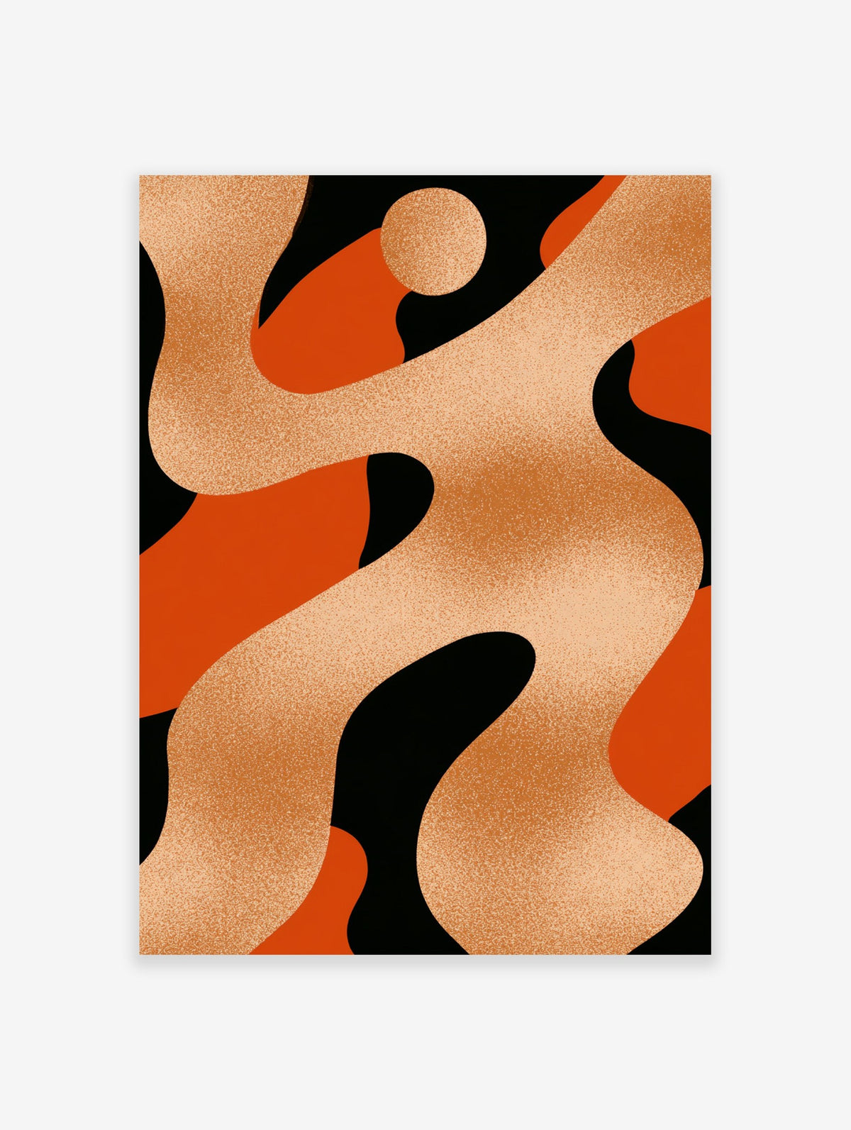 Modern abstract wall art with fluid orange and beige shapes on a black background