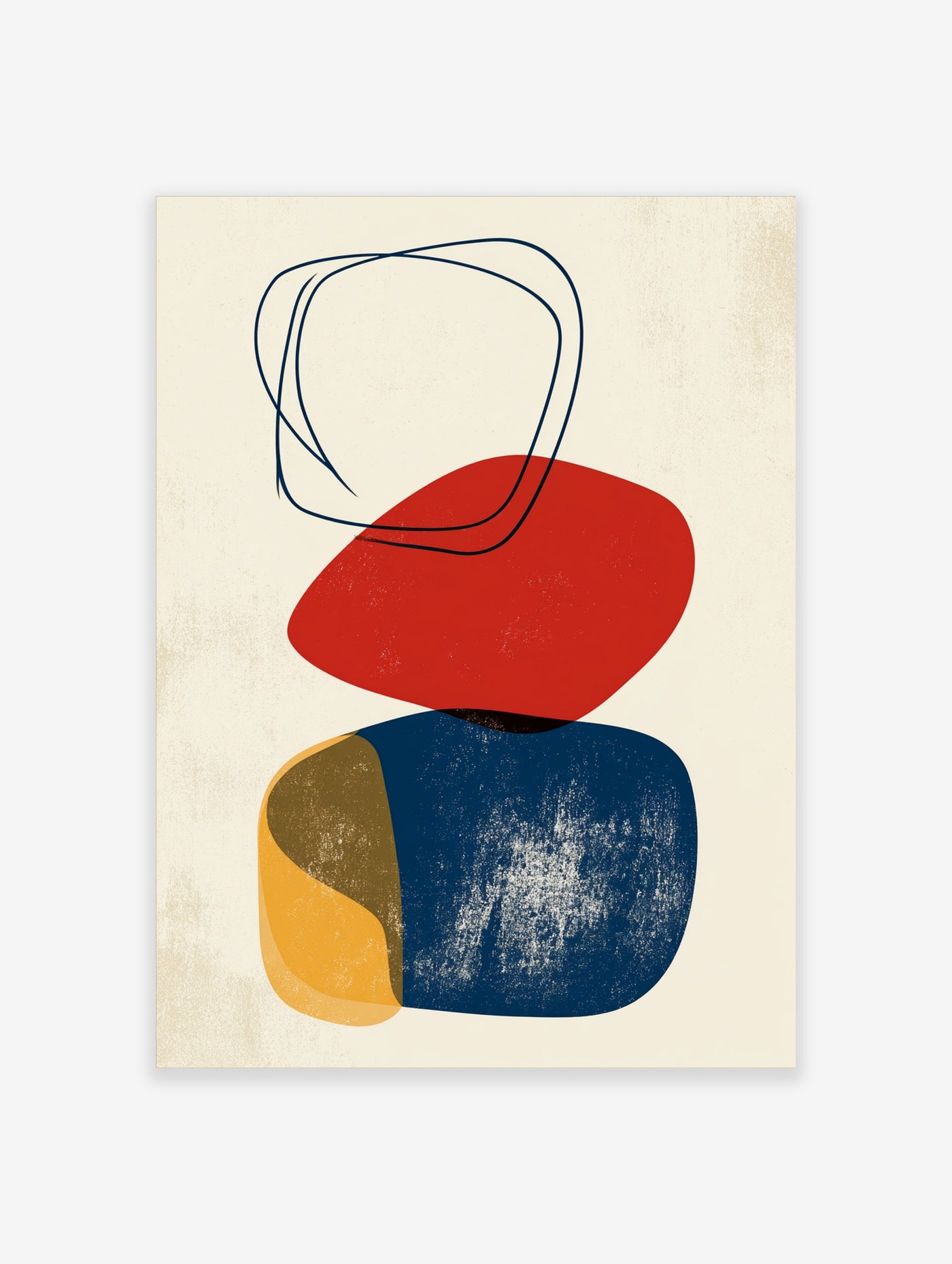 Abstract minimalist wall art with red, blue, and yellow stacked organic shapes and a hand-drawn black line loop