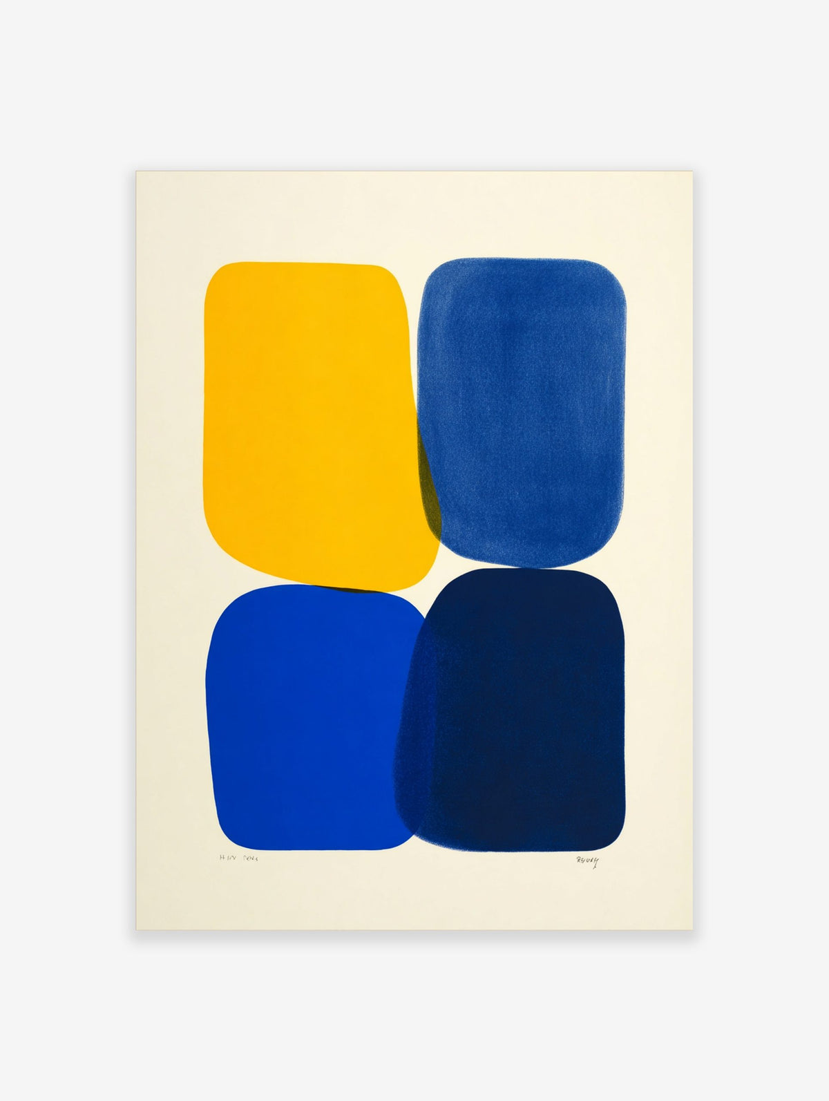 Abstract art print with four rounded shapes in yellow, blue, and navy on an off-white background