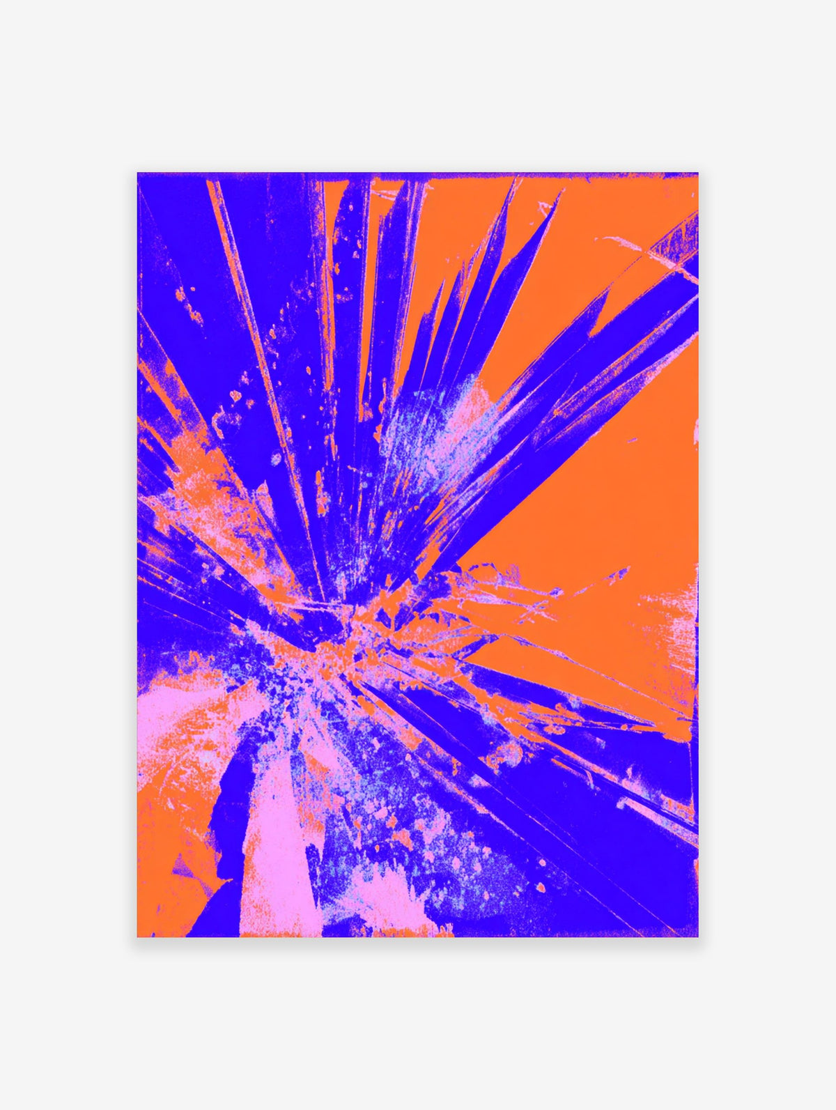 Abstract art print with radiating blue and orange shattered glass or explosive burst effect on a vibrant background