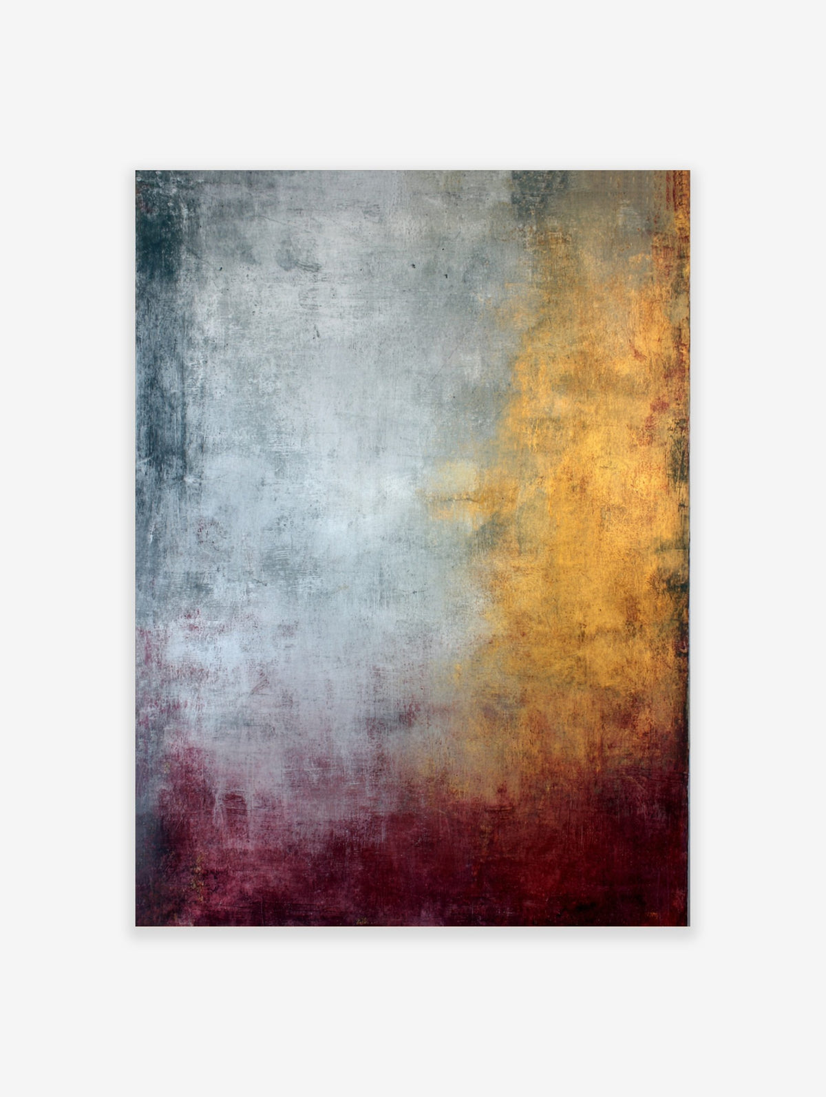 Abstract painting with textured silver, gold, and deep red colour fields blending vertically and horizontally