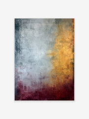 Abstract painting with textured silver, gold, and deep red colour fields blending vertically and horizontally