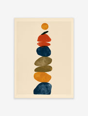 Abstract stone stack wall art print featuring vertical layered rounded shapes in blue, orange, red, and earth tones