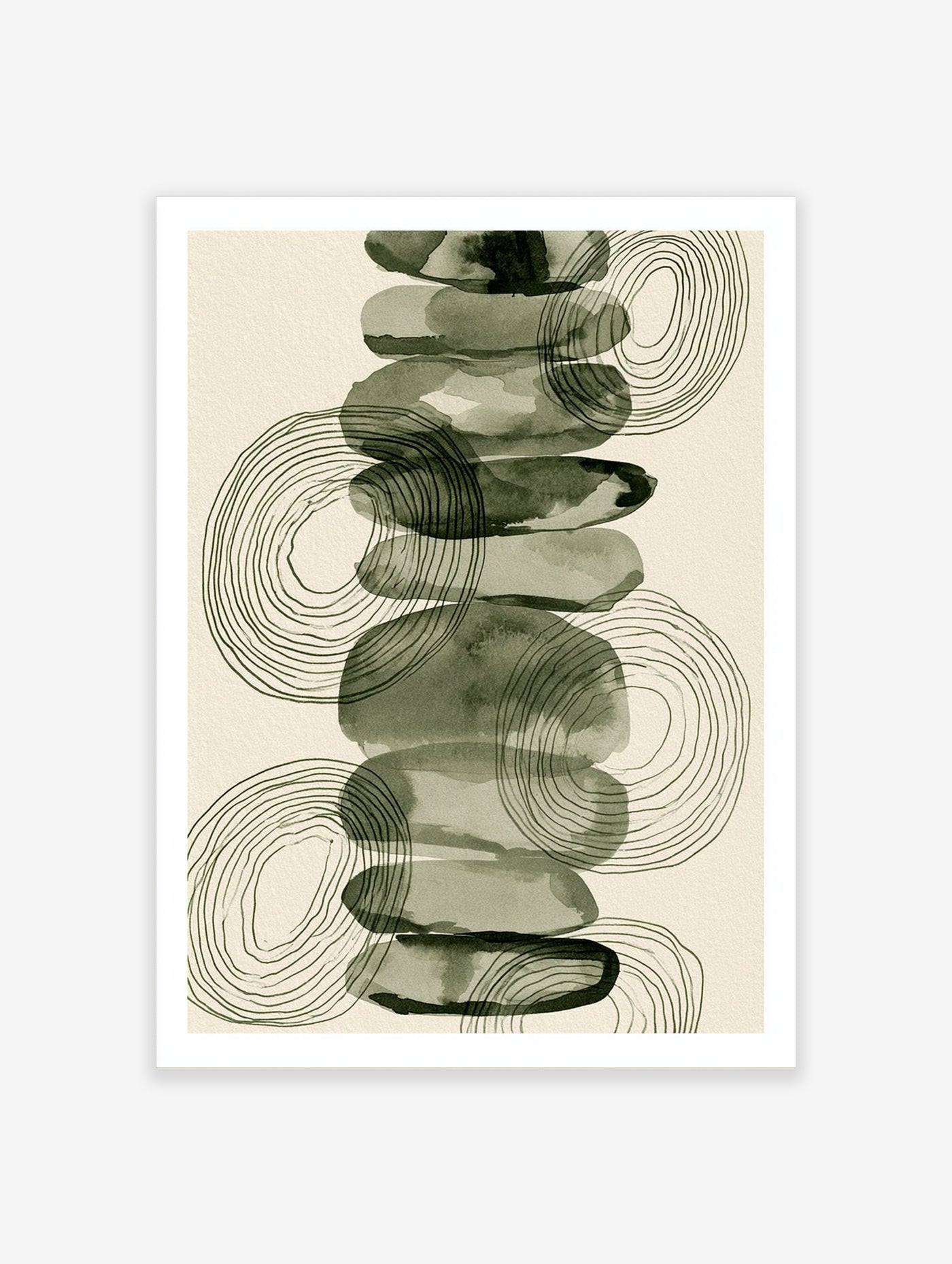 Abstract stone stack wall art with watercolor circular shapes and concentric line patterns in green and neutral tones