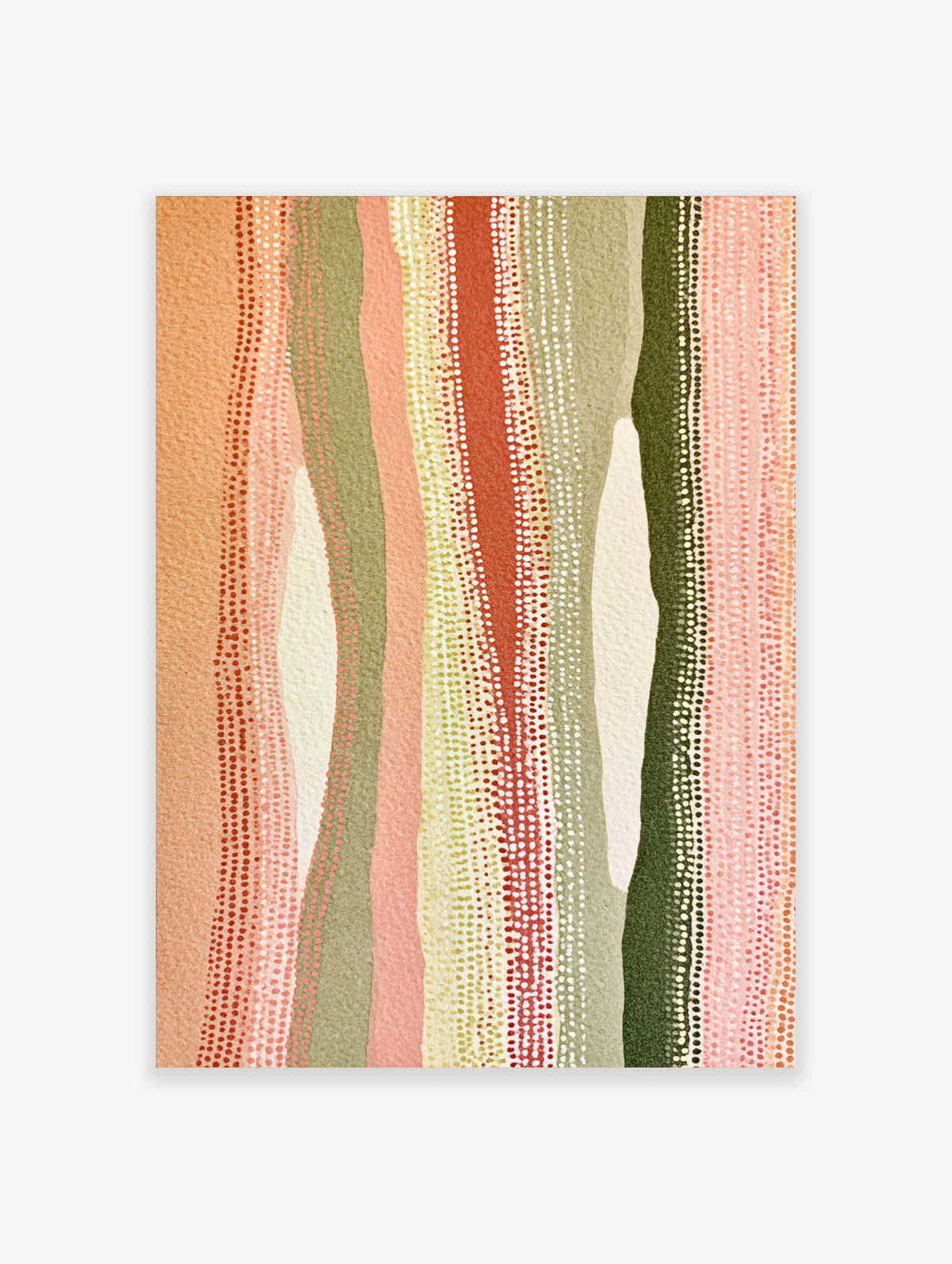 Abstract stripe art print with wavy vertical bands in peach, sage, coral and cream