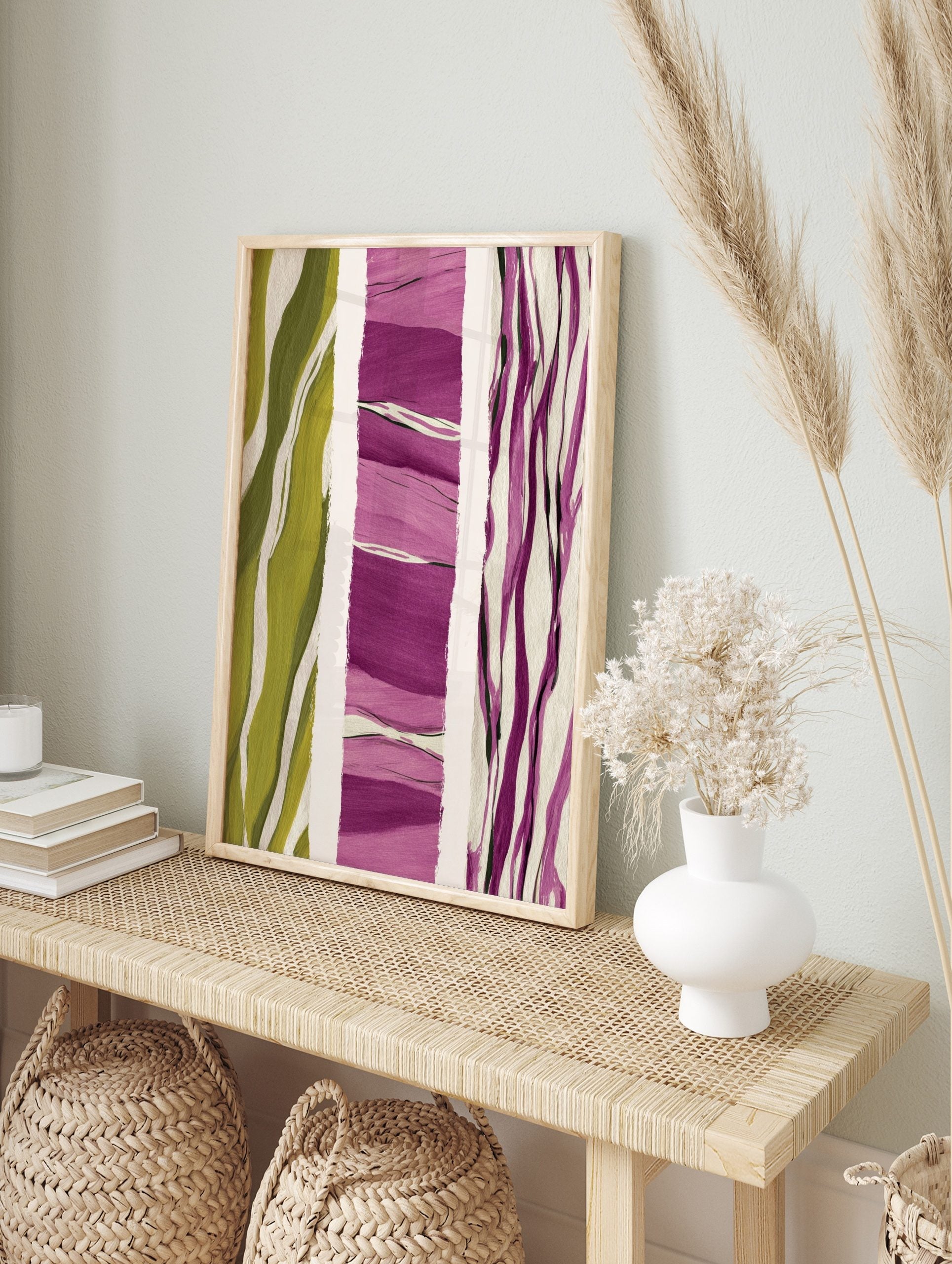 Abstract art print with vertical panels of olive green waves, layered purple brushstrokes, in an alternate framed mockup