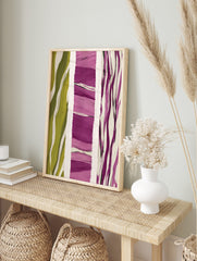 Abstract art print with vertical panels of olive green waves, layered purple brushstrokes, in an alternate framed mockup