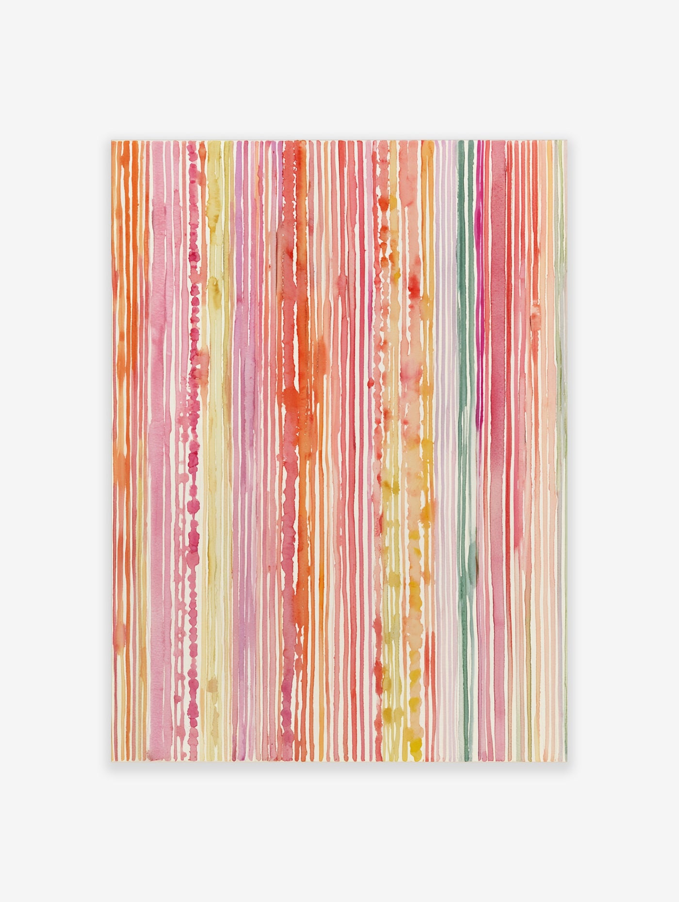 Abstract vertical watercolour-style stripes in pink, orange, and red on a white background, wall art print