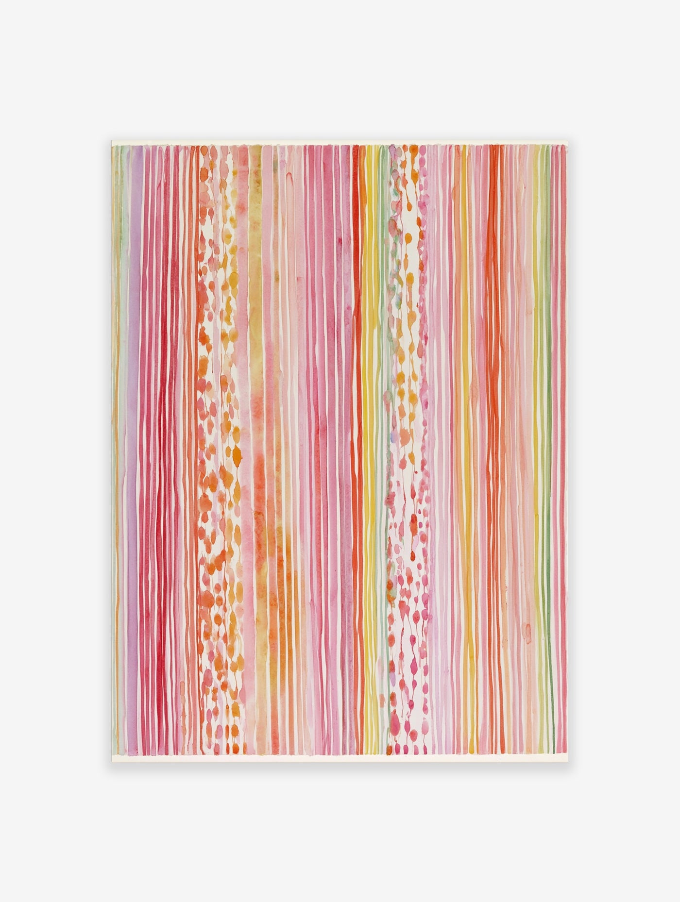 Abstract vertical watercolour stripe art print with pink, orange, and green drips on a white background