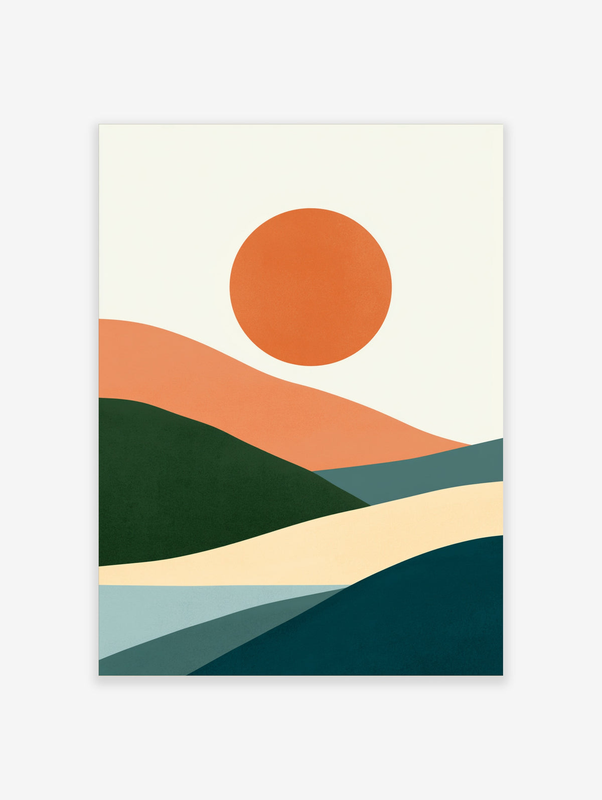 Minimalist abstract sunset poster with orange sun and layered green, peach and navy mountain shapes