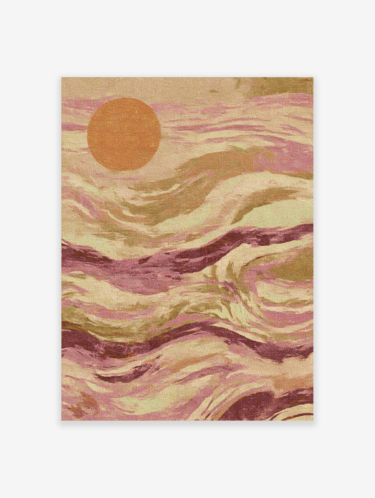 Abstract art print with an orange circle and flowing pink, magenta, and earthy brown waves, resembling a sunset over water