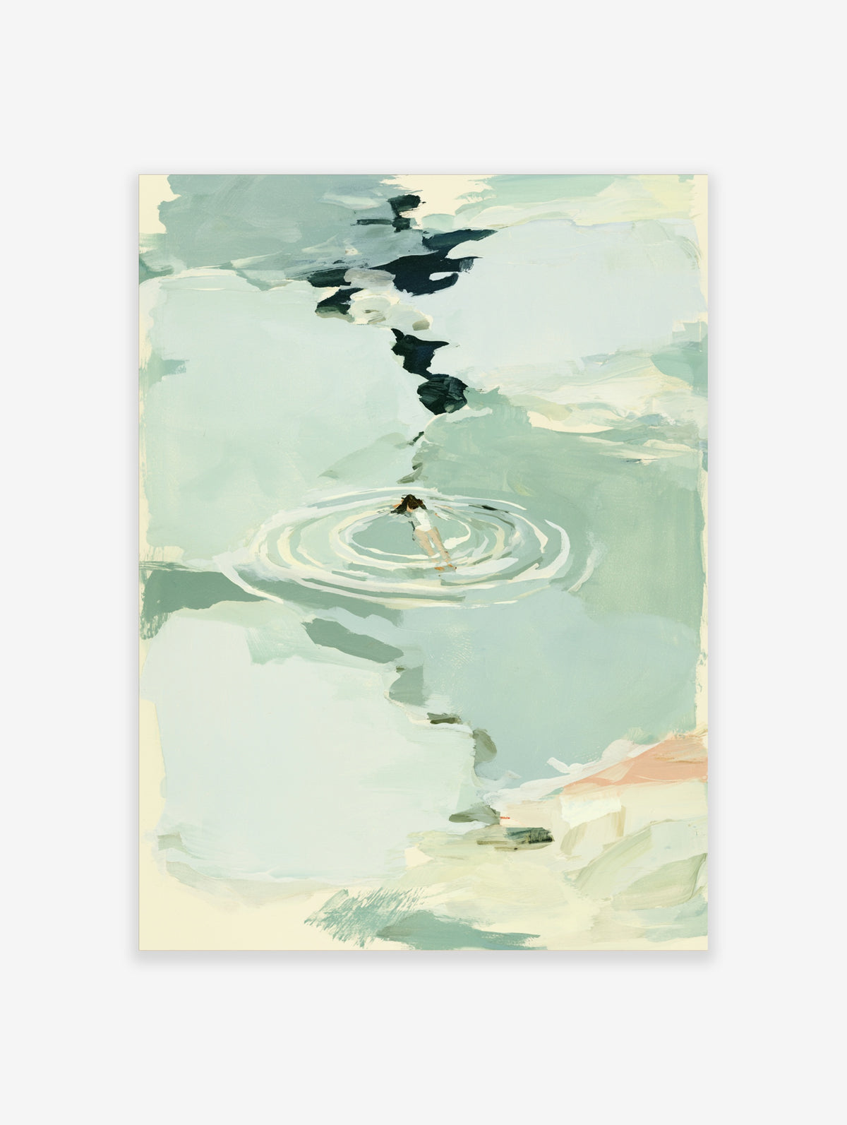 Abstract swimmer in white floating in concentric water ripples, pale green and cream wall art print