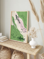 Abstract illustration of an underwater swimmer with fish and aquatic plants in green, pink, in an alternate framed mockup