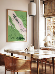 Abstract illustration of an underwater swimmer with fish and aquatic plants in green, pink, and, in a styled room mockup