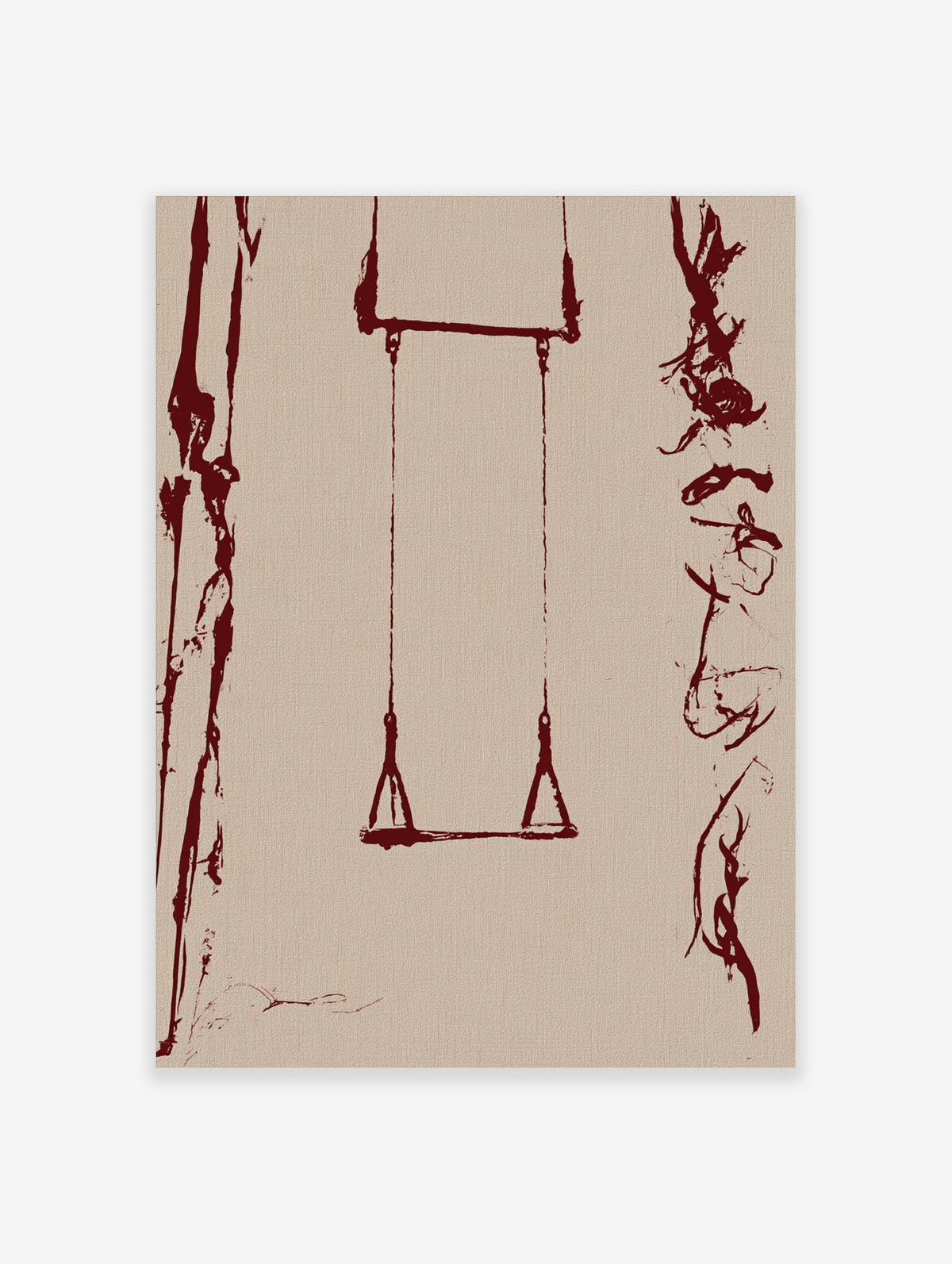 Minimalist dark red line drawing of a swing on beige background, abstract wall art print