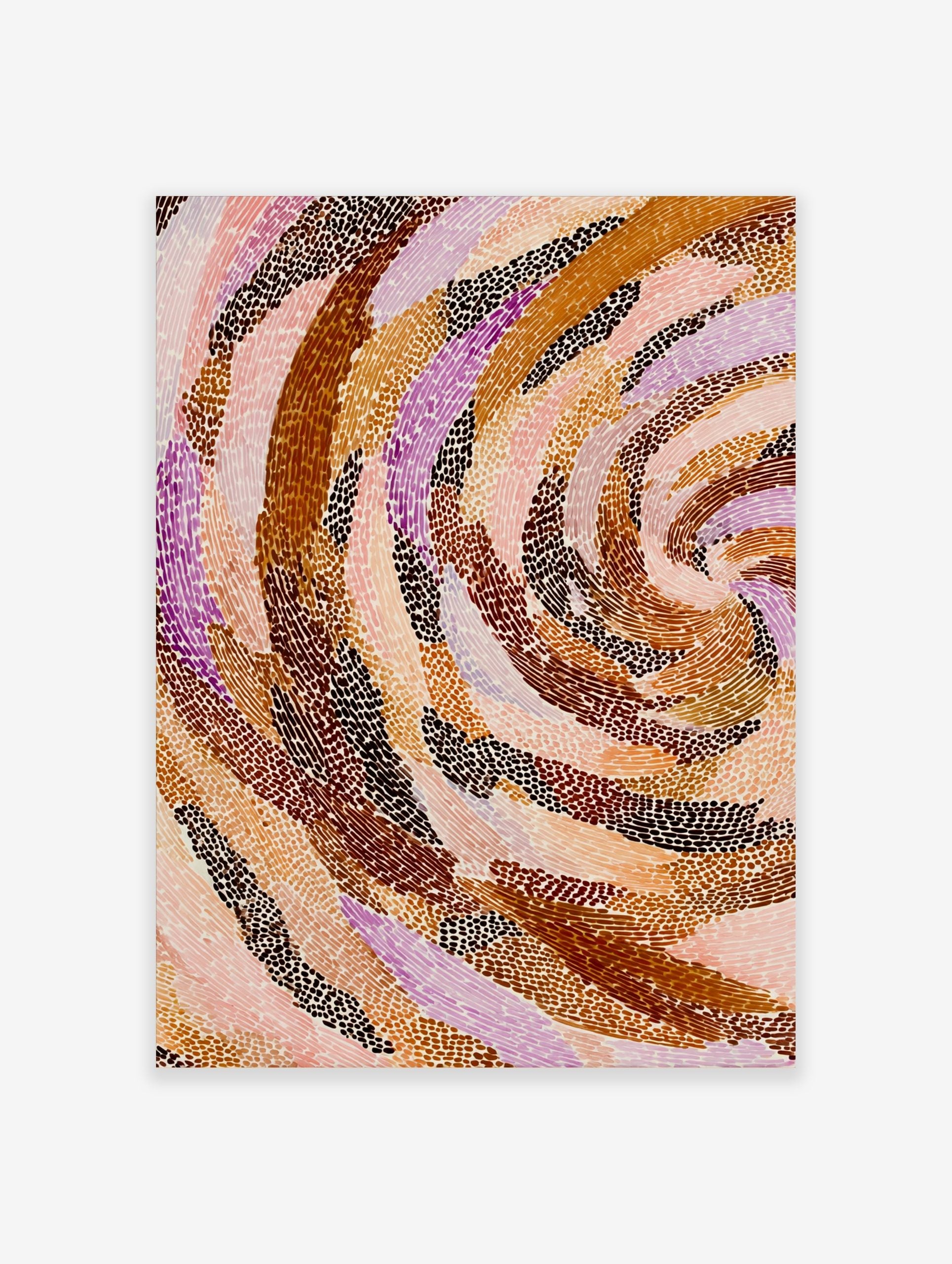 Abstract art print with swirling bands of brown, orange, pink, and purple dots on a light background